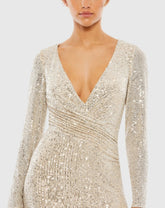 Beige Sequined Faux Wrap Long Sleeve Column Gown